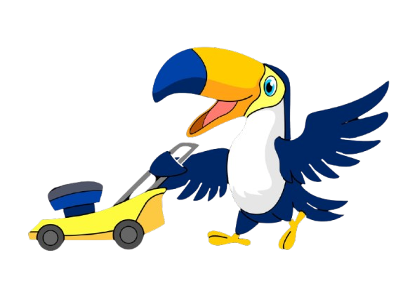 Ein Vogel hält einen Grasschneider von Hausmeisterdienst Schary